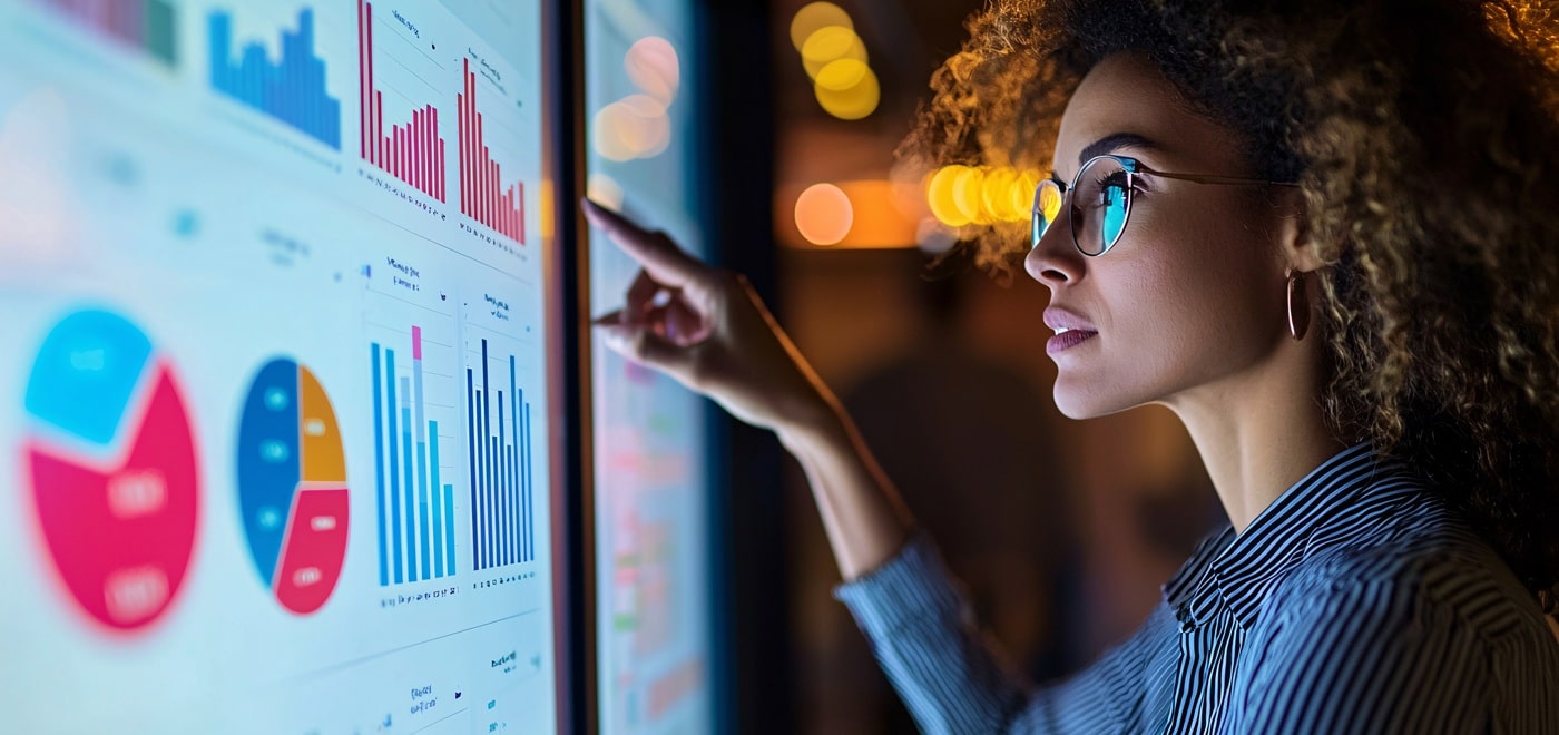 Marketer Explaining Social Media Analytics to Team on Digital Whiteboard