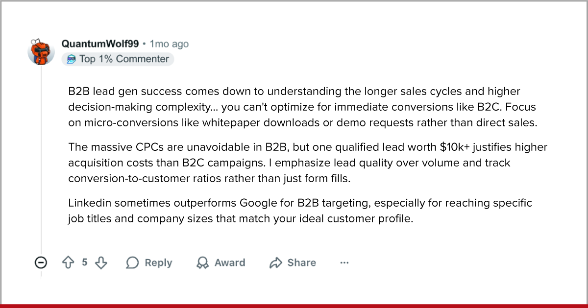 Screenshot of Reddit discussion on B2B lead generation strategies